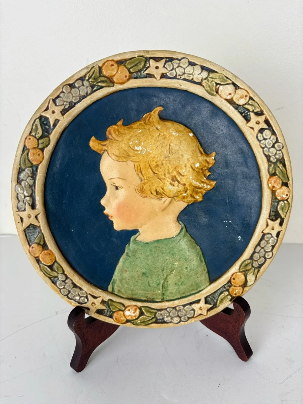 Vintage Plaster Wall Plaque/ Art Deco   Style-Child Portrait /Fruit & Star Boar